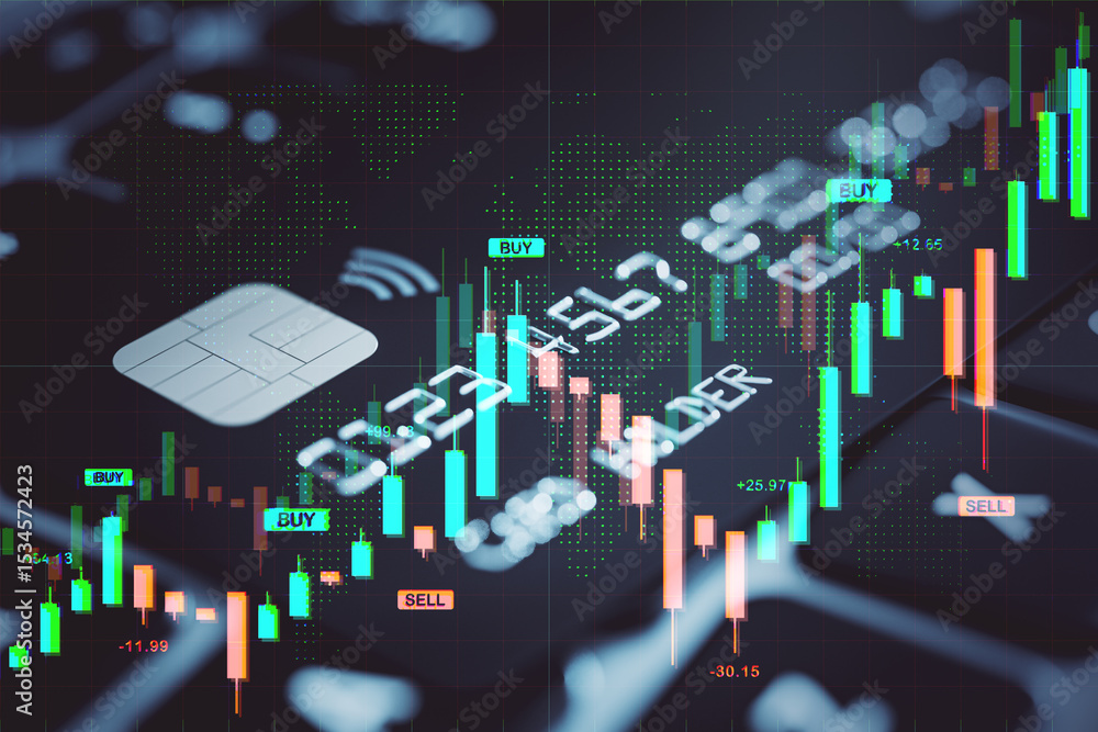 Aufkleber digital financial chart overlay with glowing candlestick bars and credit card chip on dark blurred b