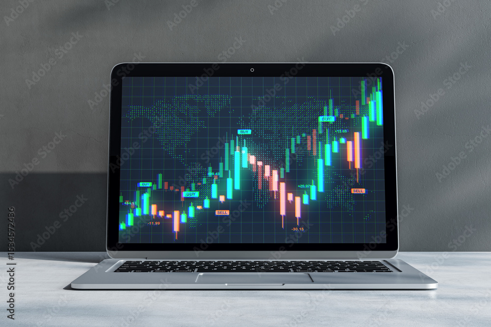 Poster Laptop displaying financial candlestick chart with global map background on desk, representing forex trading and stock market analysis concepts. 3D Rendering
