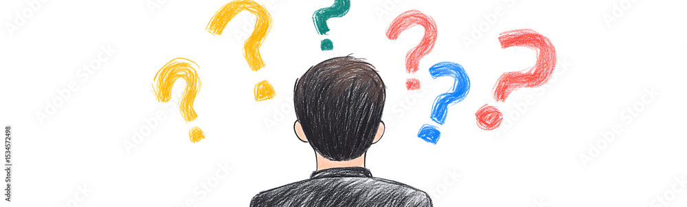 Poster pondering choices: illustrated man facing colorful question marks, decision making concept. conceptu