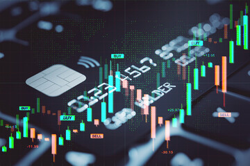 Naklejka premium Digital financial chart overlay with glowing candlestick bars and credit card chip on dark blurred background, symbolizing fintech and trading data..