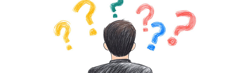 Pondering Choices: Illustrated man facing colorful question marks, decision making concept. Conceptual image symbolizing uncertainty and problem-solving.