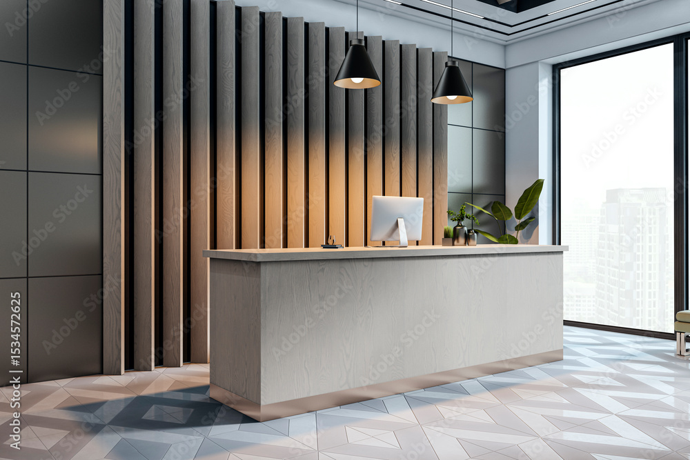 Poster modern reception desk in stylish office lobby with wooden wall panels, pendant lights, and city view