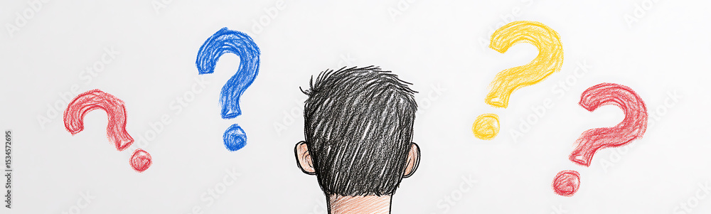 Poster head with questions: a person looks at colorful question marks, facing uncertainty and seeking answe