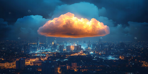 A cityscape featuring a large cloud at the center, symbolizing innovation and progress, with smart modern architecture reflecting a fusion of technology, urban development, and sustainability. 