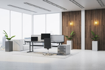 Modern executive office interior with large windows, minimalist furniture, and wood panel wall creating a bright, elegant workspace ambiance. 3D Rendering