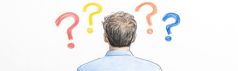 Man facing colorful question marks, symbolizing confusion, inquiry, problem-solving, and decision-making. Concept drawing. Many unanswered questions.