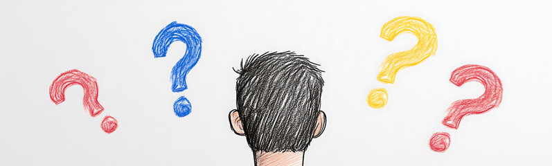 Head with Questions: A person looks at colorful question marks, facing uncertainty and seeking answers. A visual representation of inquiry and contemplation.