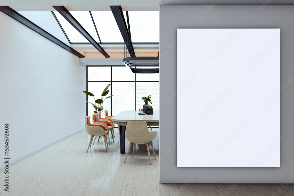 Poster vertical blank canvas mockup on wall inside modern corporate boardroom with minimalist furniture and