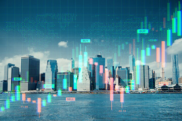 Financial market data chart overlay on city skyline with world map and trading indicators in modern...