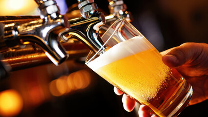 Hand filling glass with golden draft beer from tap with rich foam during International Beer Day in bar setting