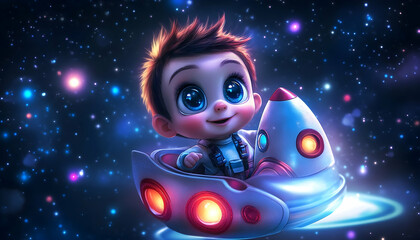 Animated boy in a spaceship smiling amid a star-filled cosmic background with glowing nebulae and bokeh effects