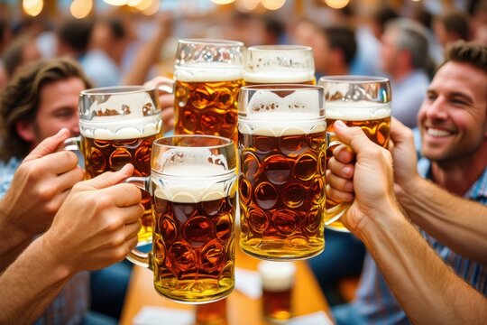 Group of friends toasting with large beer mugs at outdoor festival or beer garden, joyful celebration for International Beer Day