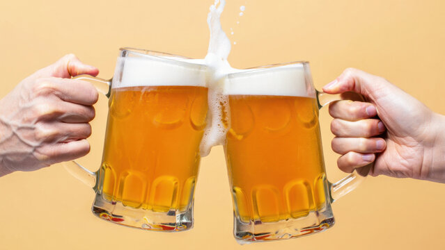 Two people clinking overflowing beer mugs with foam splash on light background during International Beer Day celebration