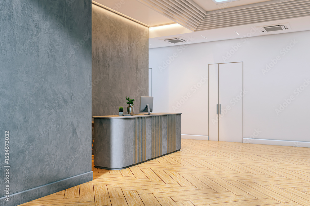 Aufkleber modern minimalist reception desk in stylish office lobby with wood flooring and ambient lighting, fe