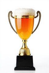 Golden trophy filled with beer and foam on white background, humorous award concept for International Beer Day or beer competition
