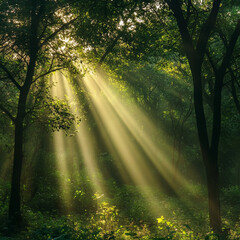 Obraz premium sunbeams streaming through lush green forest canopy