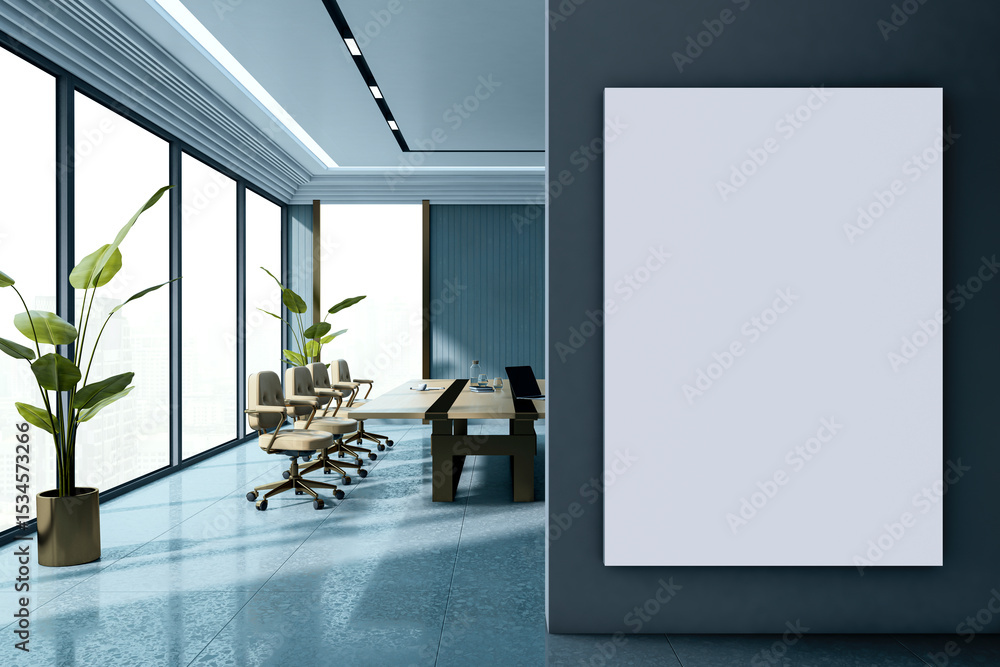 Aufkleber modern empty office conference room with glass walls and blank vertical canvas mockup on interior wa