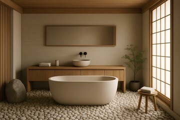 Bathroom in Japanese minimalist style with stones, wood, and neutral tones