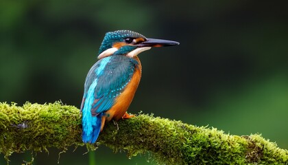 Fototapeta premium vibrant kingfisher perched on mossy branch