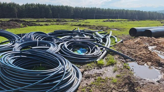 Numerous black irrigation pipes lie on a muddy field near a forest, awaiting installation in an agricultural setting