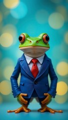 A green frog wearing a blue business suit and red tie stands confidently against a blurred bokeh background.
