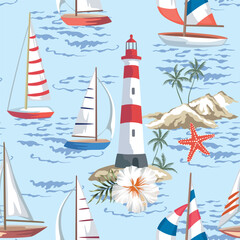 Sailboat, palms, lighthouse, sea wave, island, hibiscus flower, starfish seamless pattern. Summer marine wallpaper.