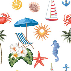 Sailboat, palm, sea horse, starfish, anchor, crab, shell, lemon fruit, hibiscus flower, leaf, chaise lounge, umbrella, sun seamless pattern.Summer resort print.