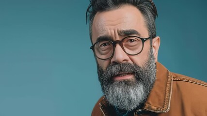 Portrait of a bearded man with glasses in a brown jacket against a blue background - Powered by Adobe