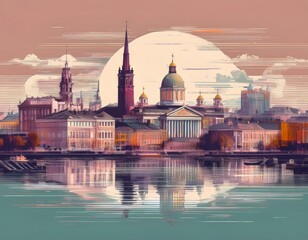 Stylish modern drawing, pop art , skyline silhouette of the city of helsinki,cityscape with historical buildings and church spires by a calm river. sky in soft hues, serene atmosphere.