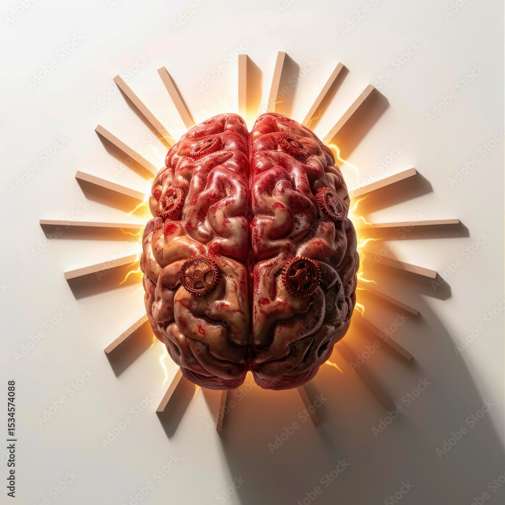 Poster brain surrounded by gears and light rays symbolizes creativity and innovation, showcasing intricate 