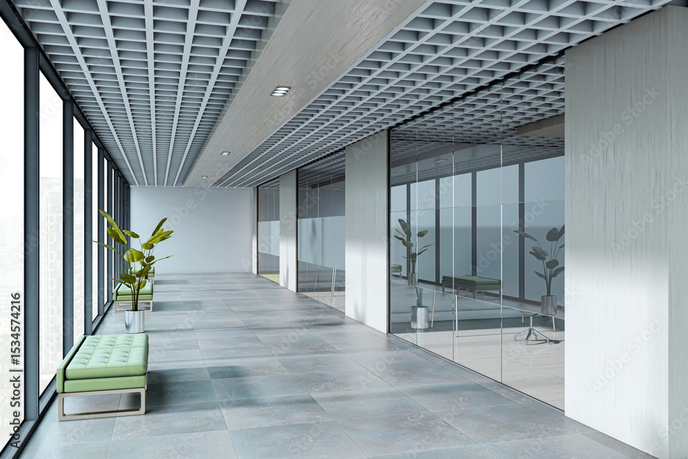 Poster modern empty office corridor with tiled floor, glass walls, green benches, ceiling grid panels, and 