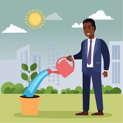 Personal development, self improvement or career growth, coaching or training to success, motivation to growing, develop skill or attitude concept, confidence businessman watering self on plant po