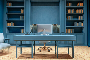 Modern executive office interior with luxury blue furniture, wooden parquet floor, and organized bookshelves in spacious workplace setting. 3D Rendering