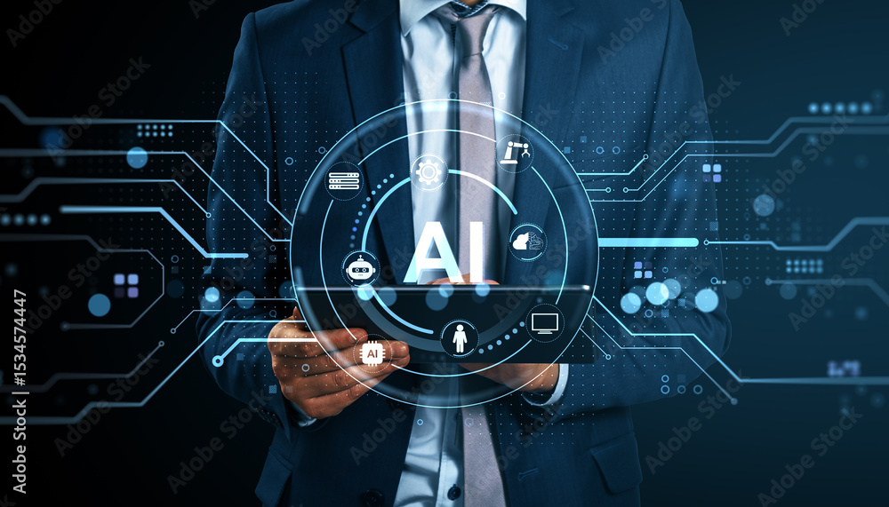 Aufkleber Businessman using digital tablet with AI interface and futuristic technology icons on abstract blue background representing artificial intelligence concept.
