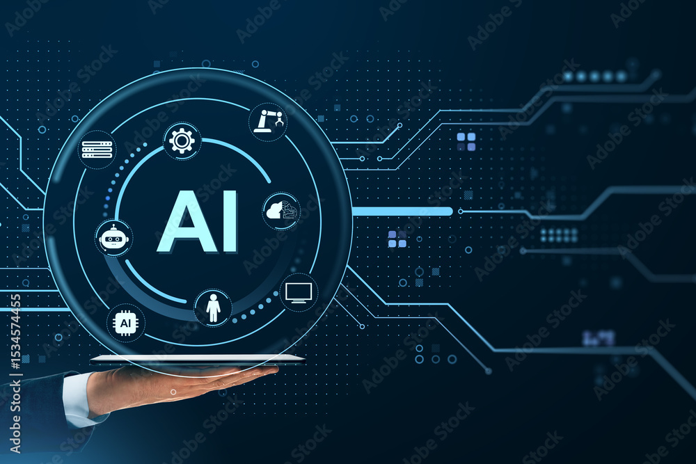 Poster Artificial intelligence technology concept with digital icons and futuristic interface on blue background showing AI system network connections.