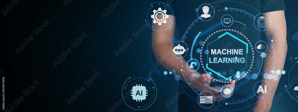 Poster Machine learning and artificial intelligence concept with digital icons and futuristic interface over a dark background showing modern technology tools.