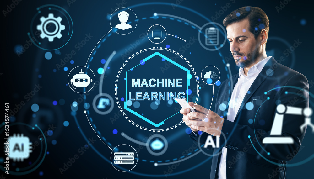 Poster Businessman using smartphone with futuristic machine learning interface and artificial intelligence icons on dark blue digital background.