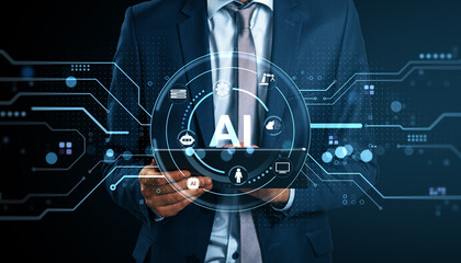 Businessman using digital tablet with AI interface and futuristic technology icons on abstract blue background representing artificial intelligence concept.