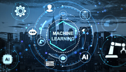 Machine learning technology interface with AI icons and city skyline in futuristic digital overlay style at night background concept.