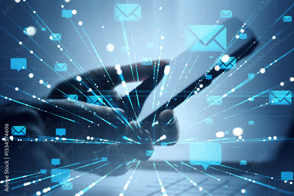 Poster digital email communication concept with glowing icons and smartphone in hand over abstract blue bac