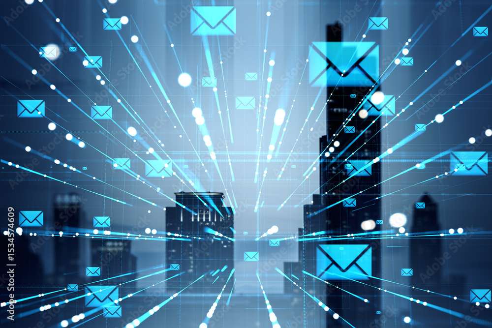 Poster digital blue email icons flying over city skyline on abstract light background representing online c