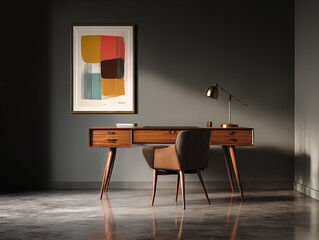 Home office in midimalist style with sleek wood desk, vintage lamp, framed abstract poster, polished concrete floor