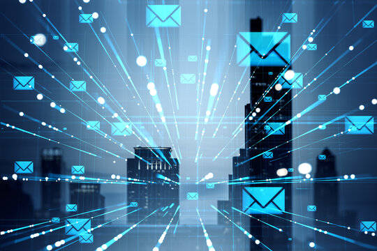 Digital blue email icons flying over city skyline on abstract light background representing online communication and virtual messaging concept.