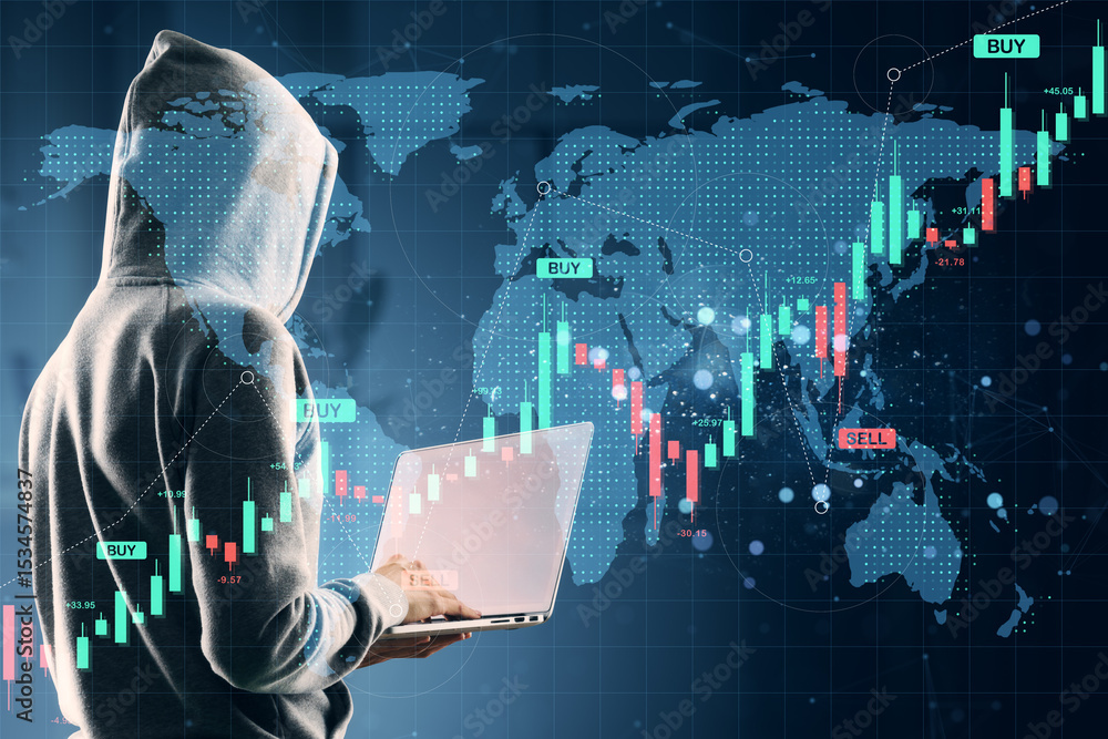 Poster Anonymous hacker in hoodie using laptop with global financial chart overlay on dark digital background showing forex market analysis concept.