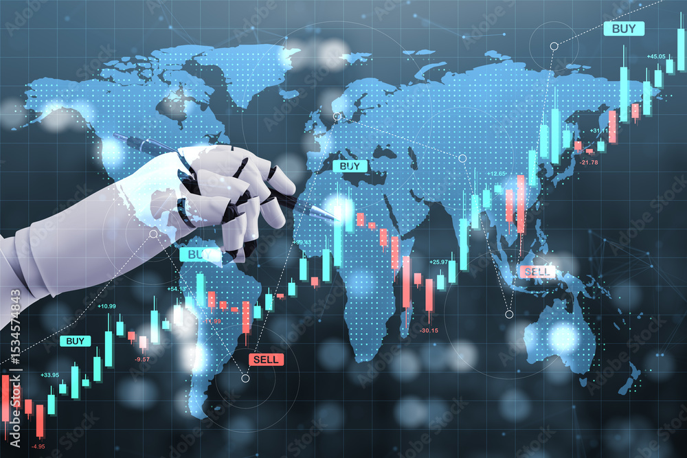 Aufkleber futuristic robotic hand analyzing global financial charts on digital world map background with buy a