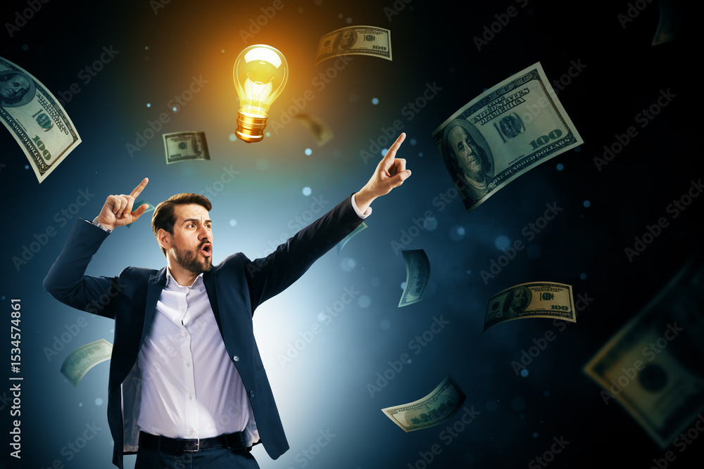 Aufkleber excited businessman pointing at glowing lightbulb symbolizing idea and success, surrounded by flying
