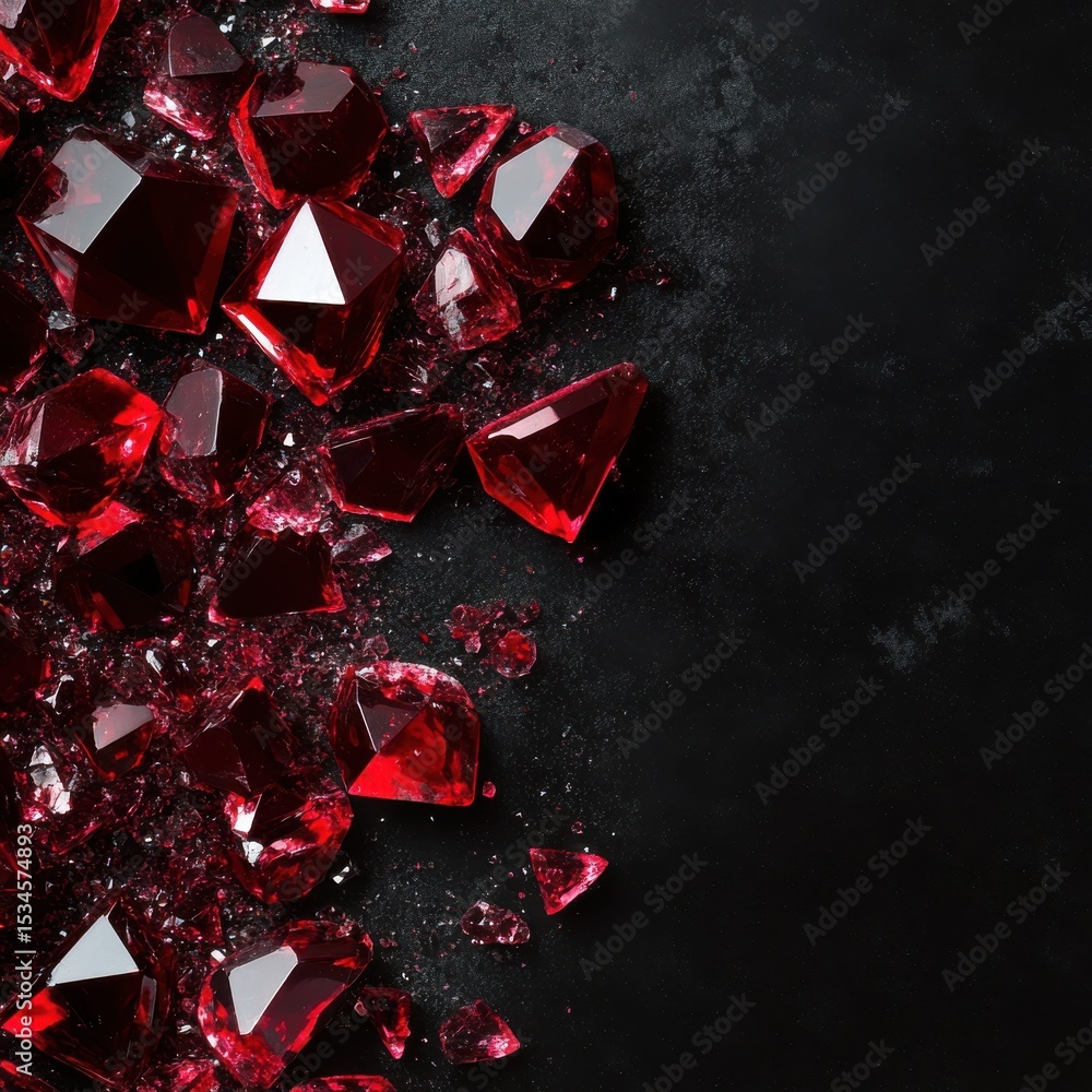 Poster a scattered array of red crystal shards and fragments on a dark textured surface with blank space