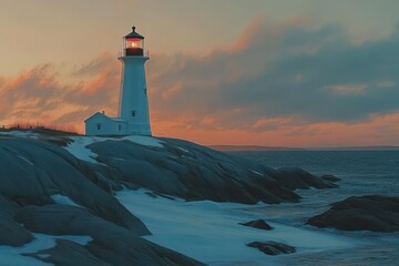 Peggy's Cove Lighthouse Illuminated by Sunset. Scenic Coastal Landscape with Ocean Waves and Rocky Shoreline