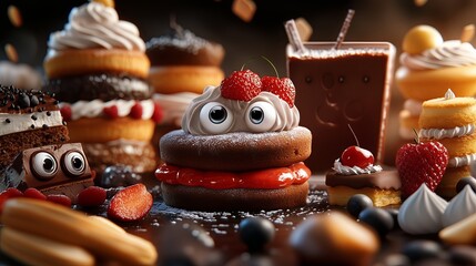 whimsical scene with donuts and pastries that have faces and arms. The playful and colorful arrangement creates a fun and imaginative visual effect.