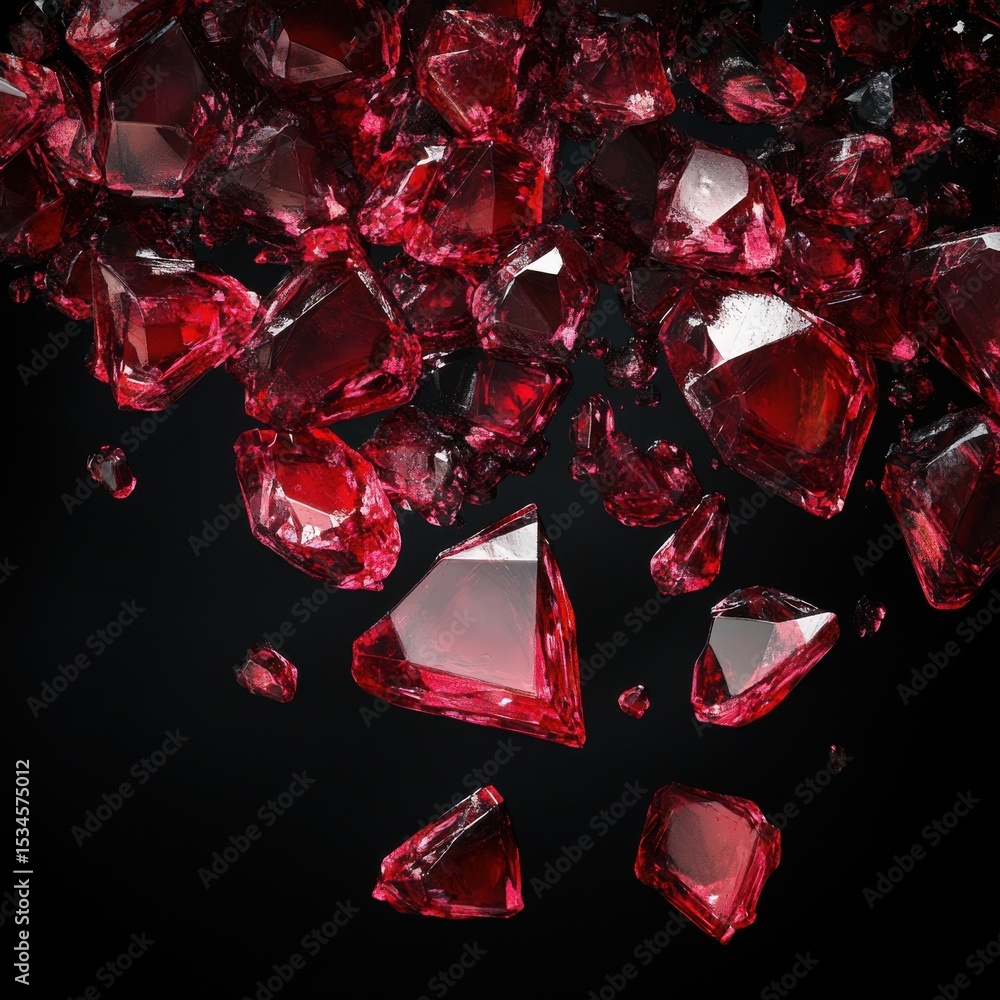 Poster A close up view of multiple red crystals scattered on a black background in a studio setting